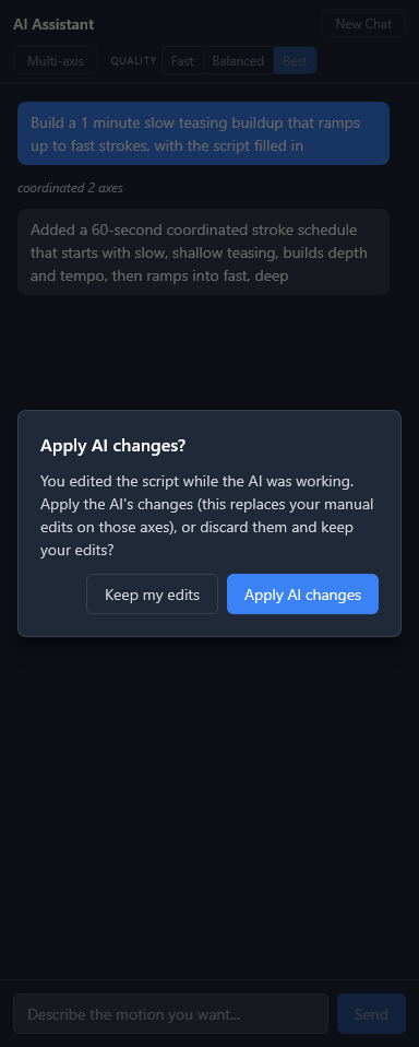 The Apply AI changes confirmation dialog with Keep my edits and Apply AI changes buttons, shown after editing the script while the AI was working
