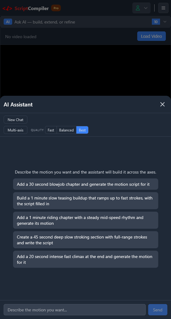 The ScriptCompiler AI Assistant open as a bottom sheet on mobile, with the Ask AI dock, mode and quality controls, and suggested prompts
