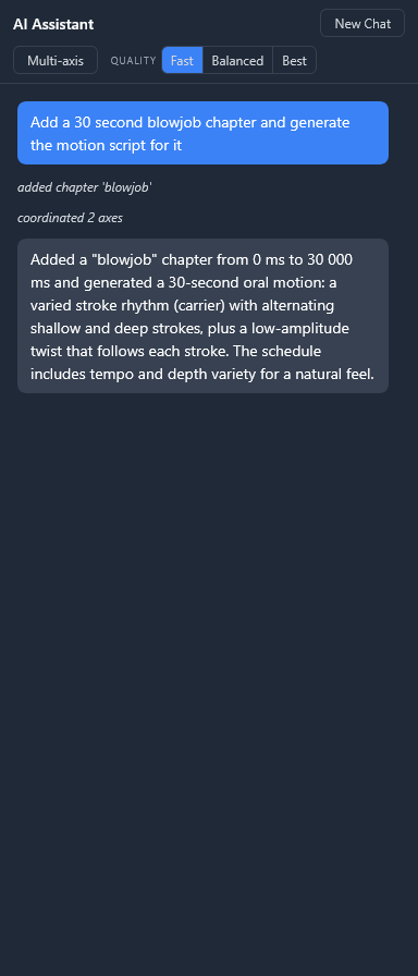 An AI Assistant conversation: a user prompt asking for a 30 second blowjob chapter, the steps the AI took, and its summary of the generated motion