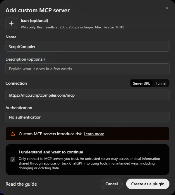 The Add custom MCP server form in ChatGPT filled in for ScriptCompiler