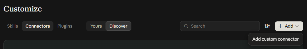 The Add menu on the Claude Connectors page with Add custom connector
