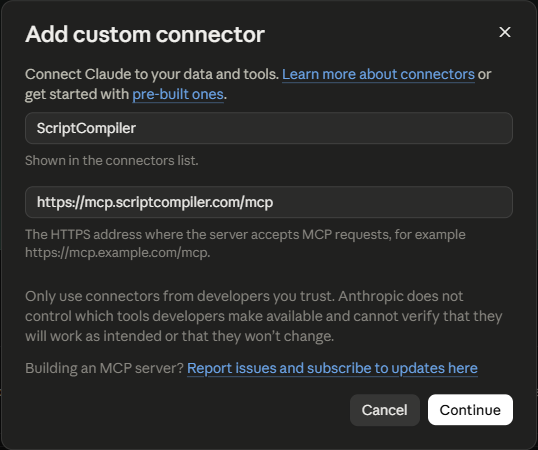 The Add custom connector form in Claude filled in for ScriptCompiler