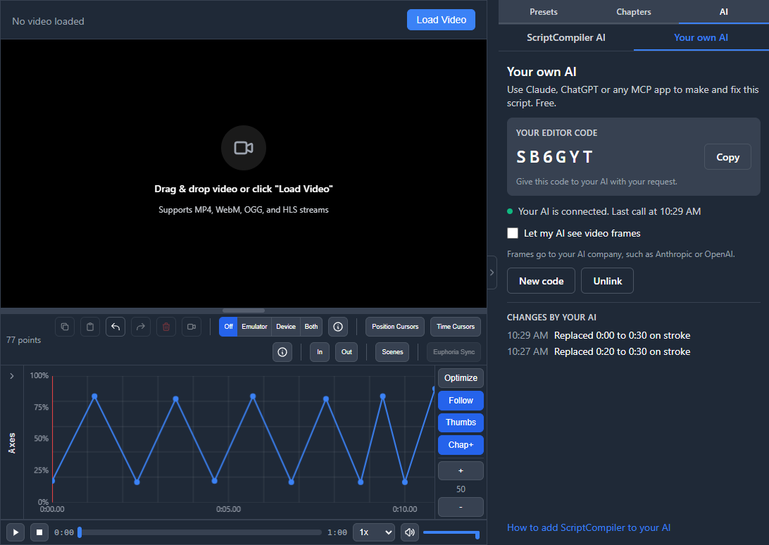 The editor after linking: the editor code, Your AI is connected, and the change list with the script your AI wrote on the timeline