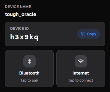 The ToyController page on a phone with the Device ID h3x9kq, a Copy button, and the Bluetooth and Internet tiles