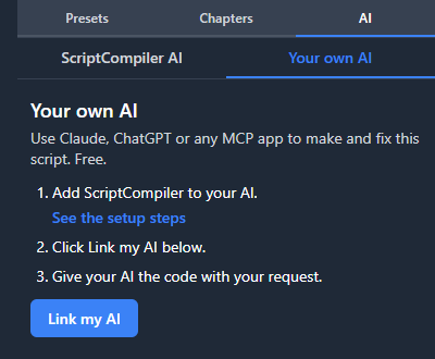 The Your own AI panel in the ScriptCompiler editor with the setup steps and the Link my AI button