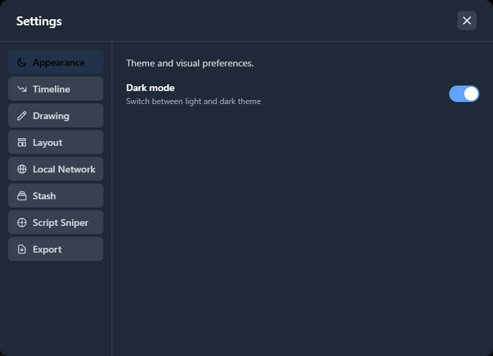 Settings modal with tab navigation