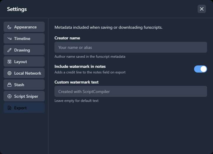 Export settings tab