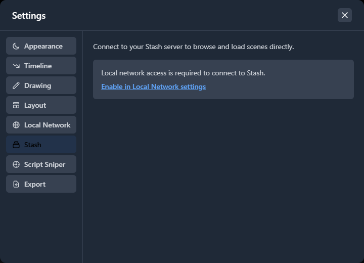 Stash settings tab